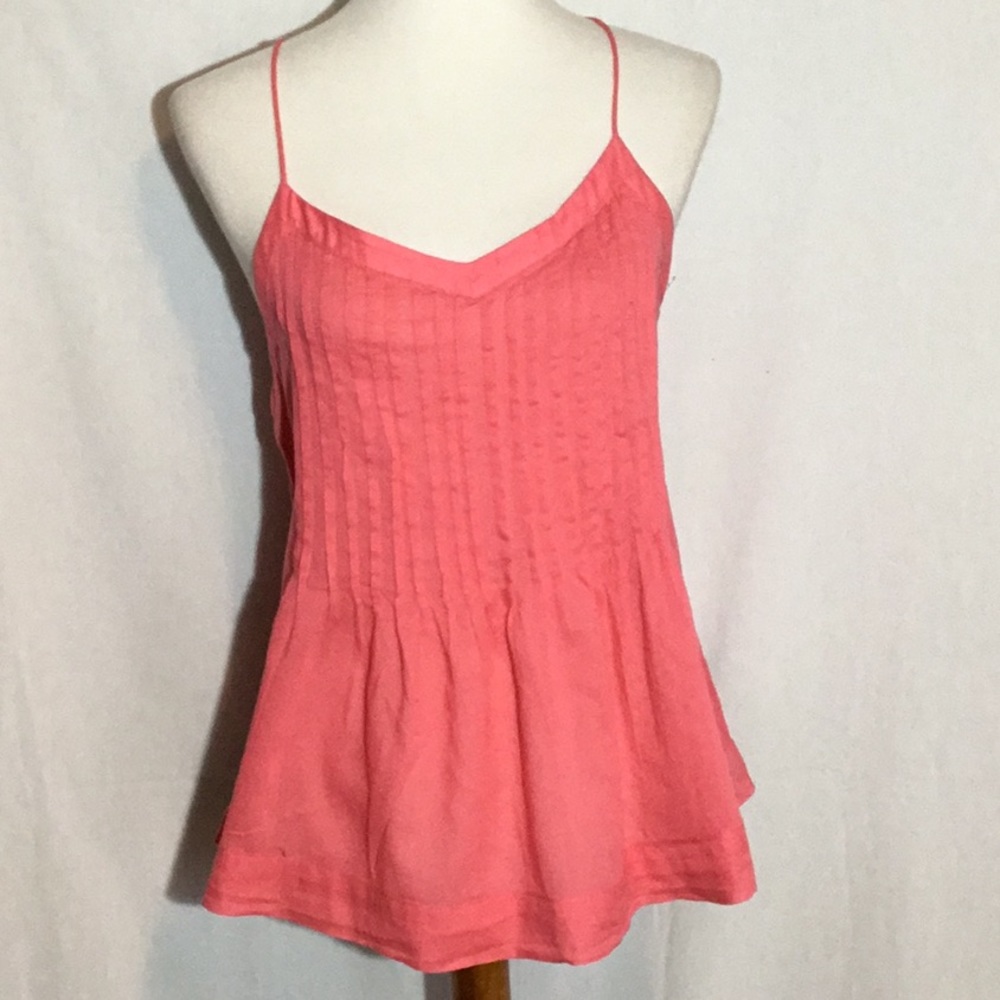 LOFT blouse, racerback, spaghetti straps, pleated, fitted top then flared out, M